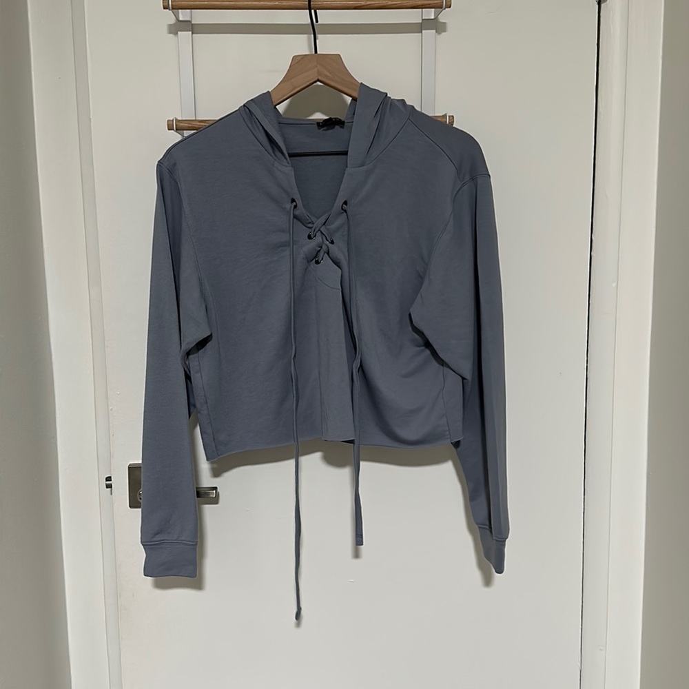 Express Blue gray lace up crop sweater